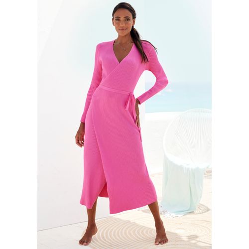 Strickkleid LASCANA, Damen, Gr. 40/42, N-Gr, pink, Obermaterial: 80% Viskose, 20% Nylon, unifarben, sehr bequem knöchelfrei, V-Ausschnitt, Kleider, Loungekleid zum wickeln mit Taillengürtel, Loungewear