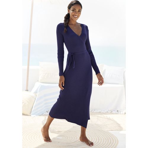 Strickkleid LASCANA, Damen, Gr. 32/34, N-Gr, blau (marine), Obermaterial: 80% Viskose, 20% Nylon, unifarben, sehr bequem knöchelfrei, V-Ausschnitt, Kleider, Loungekleid zum wickeln mit Taillengürtel, Loungewear
