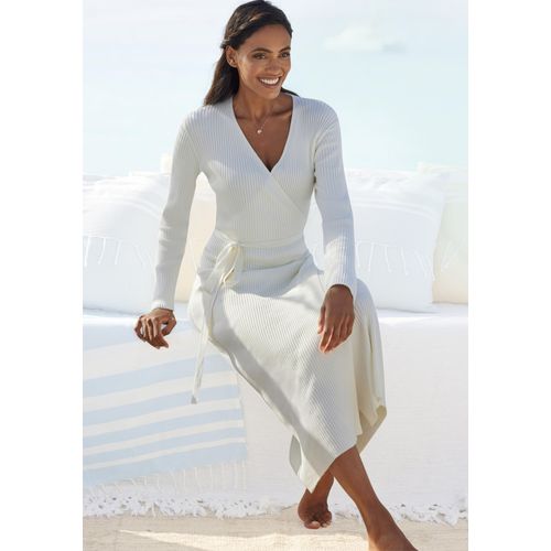 Strickkleid LASCANA, Damen, Gr. 32/34, N-Gr, beige (cream), Obermaterial: 80% Viskose, 20% Nylon, unifarben, sehr bequem knöchelfrei, V-Ausschnitt, Kleider, Loungekleid zum wickeln mit Taillengürtel, Loungewear