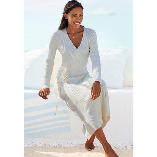 Strickkleid LASCANA, Damen, Gr. 44/46, N-Gr, beige (cream), Obermaterial: 80% Viskose, 20% Nylon, unifarben, sehr bequem knöchelfrei, V-Ausschnitt, Kleider, Loungekleid zum wickeln mit Taillengürtel, Loungewear