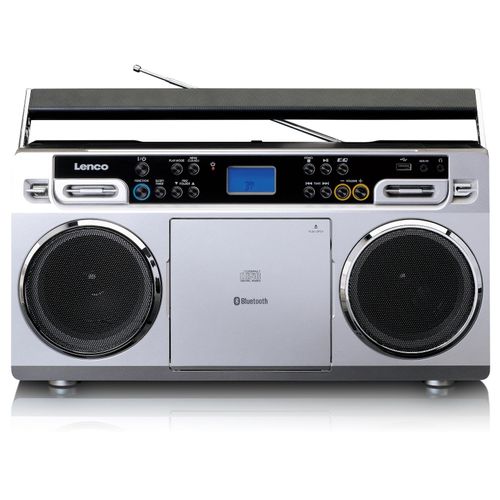 Lenco SCD-580SI - Tragbare Retro Boombox mit FM-Radio und CD/MP3-Player - Bluetooth - 2 x 5 Watt RMS - USB-Eingang - Silber