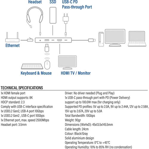 ACT USB-C 4K / 8K 60Hz Docking-Station für 1 HDMI-Monitor, 2.5 Gigabit-Ethernet, USB-C 10Gbps, USB-A 10Gbps, 3.5mm Audio, PD Pass-Through AC7095