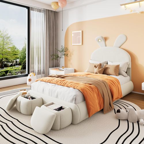 okwish Kinderbett Polsterbett 90×200 cm mit warmfarbenen Lichtstreifen, Stauraumbett mit 2 Aufbewahrungshockern für kinder, Samt Beige(Mit Matratze)