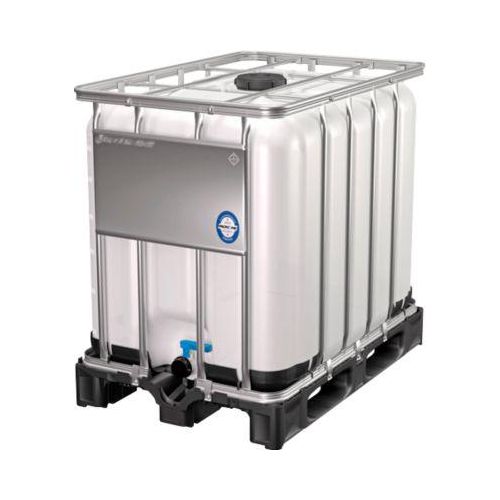 IBC Container, 600 Liter, UN-Zulassung, Kunststoffdeckel, Stahl-Kreuzverband, Stahltraverse, auf Kunststoffpalette, B 1200 x T 1000 x H 1013 mm