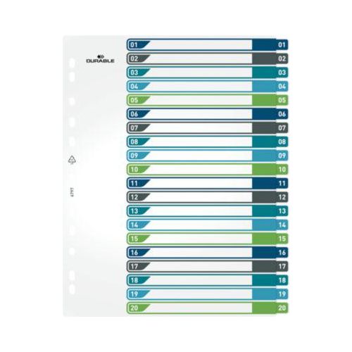 Register Durable, 20-teilig, DIN A4+, Indexblatt, EDV-beschriftbares Register, mit farbigen Taben