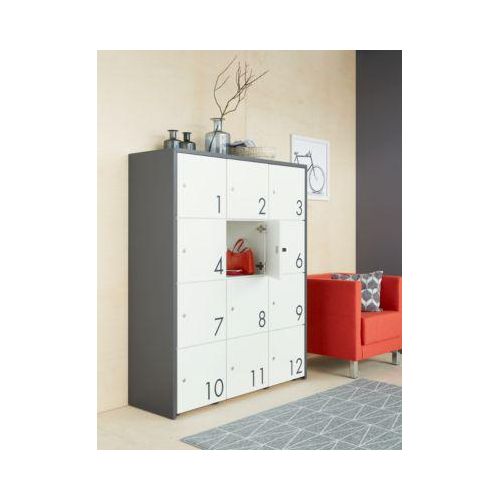 Schließfachschrank, B 1250 x T 430 x H 1548 mm, 12 abschließbare Fächer mit Zahlen, weiß/basaltgrau