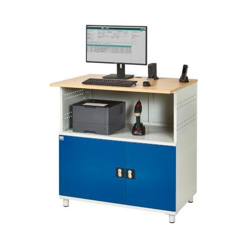 Computer-Station Typ 1023, Arbeitsplatte, Unterschrank, bis 200 kg, B 1100 x T 790 x H 1130 mm, Stahl/Holz, stationär
