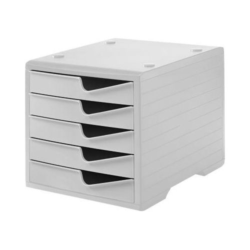 Schubladenbox styro® styroswing, 5 Schübe, Auszugsperre & Griffmulde, stapelbar, B 270 x T 340 x H 255 mm, Polystyrol, grau-grau