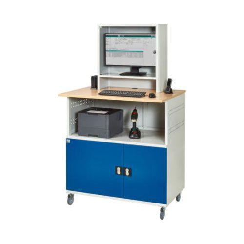 Computer-Station Typ 1023, Monitorfach bis 26“, Ablagefach, Arbeitsplatte, Unterschrank, bis 200 kg, B 1100 x T 790 x H 1890 mm, Stahl/Holz, mobil