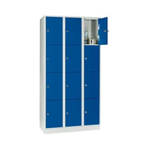 Wertfachschrank 300 mm, 3 Abteile, 12 Fächer, Sicherheitszylinderschloss, Sockel, enzianblau