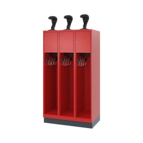 Feuerwehrspind C+P Evolo Youngster, 3 Abteile, mit Helmhalter, mit Sockel, B 900 x T 500 x H 1630 mm, RAL 3000 Feuerrot/RAL 7016 Anthrazitgrau