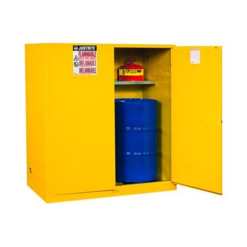Justrite Sicherheitsschrank Vertical Drum Sure-Grip® EX, für 2 x 110 L Fässer, selbstschließende Türen, gelb