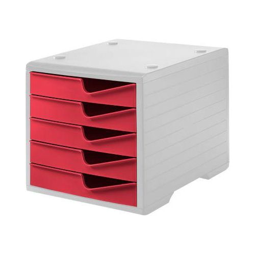 Schubladenbox styro® styroswing, 5 Schübe, Auszugsperre & Griffmulde, stapelbar, B 270 x T 340 x H 255 mm, Polystyrol, grau-cranberry