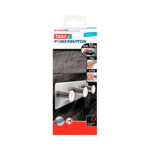 tesa Powerbutton Hakenleiste Classic, Edelstahl, 2 oder 3 Haken, hält bis max. 12 kg, 3 Haken