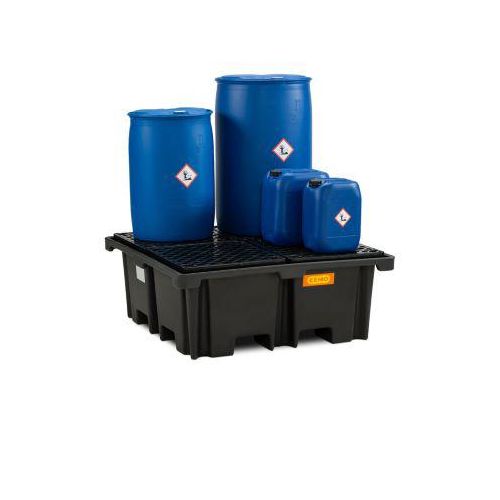 PE-Palettenauffangwanne CEMO 400/4 für 1 Industriepalette, L 1290 x B 1290 x H 500 mm, 400 l, für 4 x 200 l Fässer, PE-Gitterrost