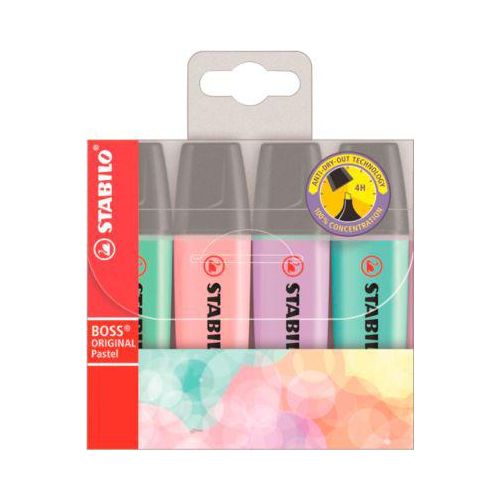 Textmarker Stabilo® Boss Original, Pastelltöne, Keilspitze, lichtbeständig, schnell trocknend, 4er-Etui