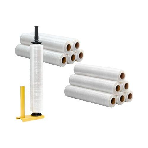 Sparset Handabroller für Stretchfolie + 12 Rollen Stretchfolie, Abroller für Rollen mit B 450-500 mm, Stahl, Stretchfolie L 300 m x B 500 mm, PE