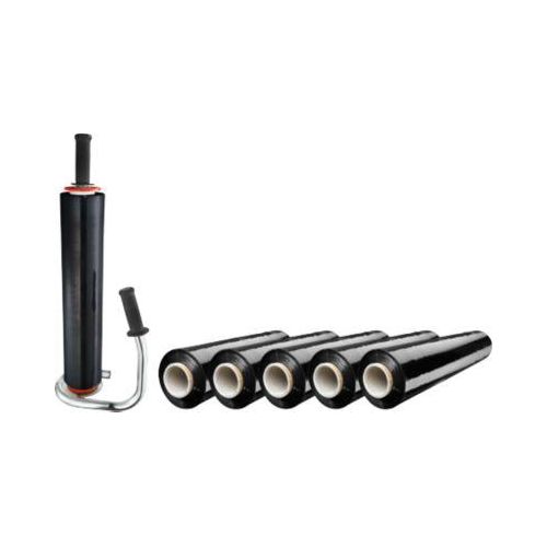 Sparset Handabroller für Stretchfolie + 6 Rollen Stretchfolie, Abroller für Rollen mit B 300-500 mm, Stretchfolie L 300 m x B 500 mm, PE, schwarz
