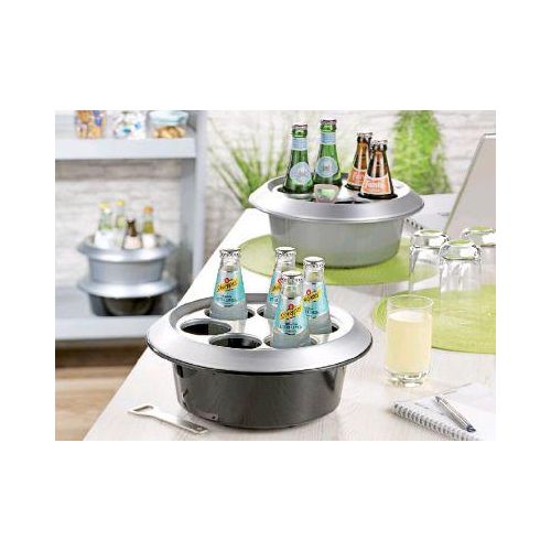 Flaschenkühler CLASSIC, rund, für bis zu 6 Flaschen à 0,25-0,33 l, Kühlakku, Ø 295 x H 130 mm, Edelstahl/Kunstsoff, schwarz-silber