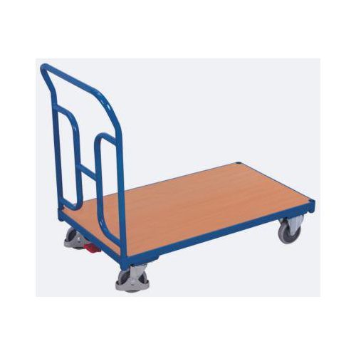 Schiebebügelwagen, Stahl/MDF-Platte, Enzianblau/Buche-Dekor, L 880 x B 500 mm, mit gebogenen Rohren, TPE-Rollen mit EasySTOP, bis 250 kg