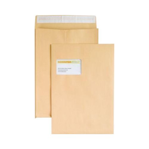 Seitenfaltentaschen, 20 mm, Fenster, haftklebend, DIN C4, 100 Stück, natronbraun