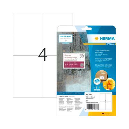 Etiketten HERMA 4697, 105 x 148 mm, 100 Stück, auf DIN A4, wetterfest, selbstklebend, stark haftend, Polyesterfolie, mattweiß