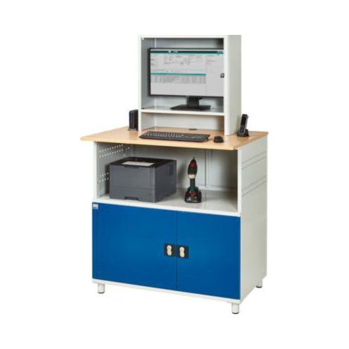 Computer-Station Typ 1023, Monitorfach bis 26“, Ablagefach, Arbeitsplatte, Unterschrank, bis 200 kg, B 1100 x T 790 x H 1840 mm, Stahl/Holz, stationär