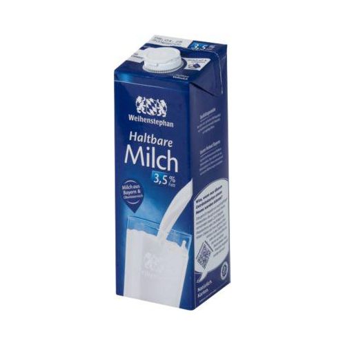 Weihenstephan H-Vollmilch, Fettgehalt 3,5 %, homogenisiert, ultrahocherhitzt, 12 x 1 l