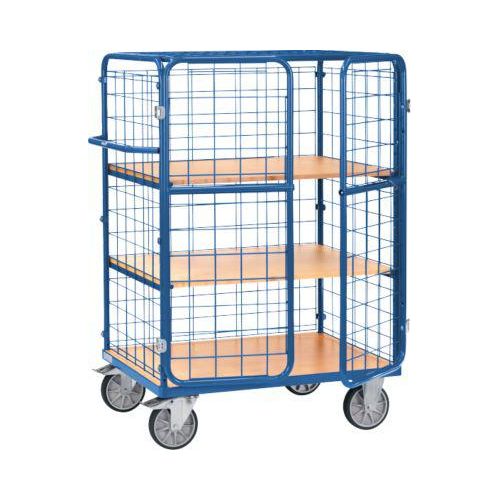 Gitterwagen Fetra 8483-3DE, bis 600 kg, abschließbare Flügeltür mit Dach, 3 Etagen mit Holzwerkstoffböden, Ladefläche L 1200 x B 800 mm, TPE-Bereifung