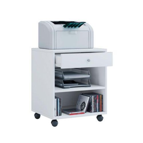 Rollcontainer, 1 Schubfach mit Griffknopf & 2 Regalfächer, B 450 x T 380 x H 540 mm, Spanplatte, weiß