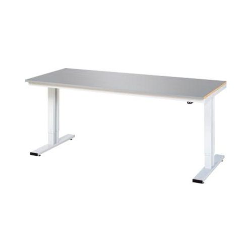 Rau Werktisch Adlatus, elektrisch höhenverstellbar, 25 mm MDF-Platte mit Edelstahlbelag, bis 300 kg, B 2000 x T 800 x H 720-1120 mm, silber/lichtgrau