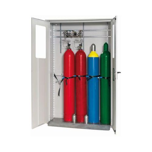 Druckgasflaschenschrank G-OD Standard, Doppelflügeltür, fester Glasausschnitt, 5x 50 l Flaschen, B 1356 x T 400 x H 2149 mm