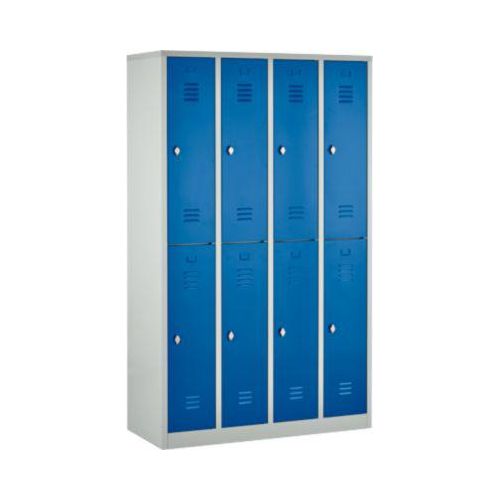 Kleiderspind, 4 Abteile übereinander, B 1170 x H 1950 mm, Drehriegelverschluss, lichtgrau/enzianblau