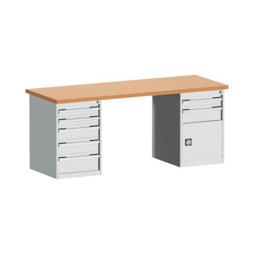 Bott Werkbank Cubio, Rotbuchenholz-Arbeitsplatte 40 mm, Stahlgestell, B 2000 x T 750 x H 840 mm, bis 1200 kg, 7 Schubladen, lichtgrau RAL 7035