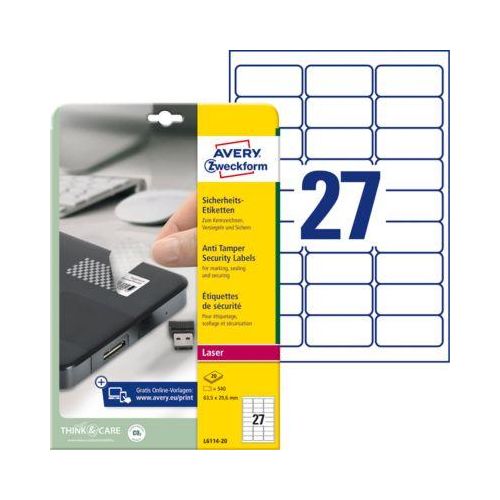 Avery Zweckform Etiketten L6114-20, fälschungssicher, extrem robust, 63,5 x 29,6 mm, 540 Stück/20 A4-Bogen, Folie, weiß