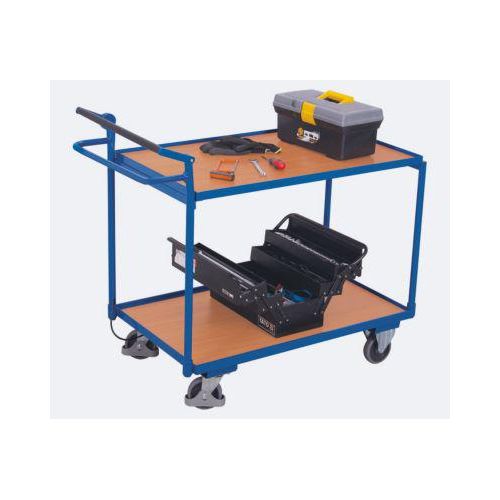 Tischwagen, Stahl/MDF-Platte, Enzianblau/Buche-Dekor, 2 Etagen, L 985 x B 605 mm, Rohrschiebegriff, TPE-Rollen mit Totmannbremse, bis 250 kg