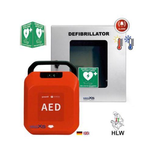 Defibrillator MedX5 HeartSave YA, automatische Schockabgabe, Sprachausgabe DE/EN, IP55, klimatisierter Wandkasten inkl. Alarm, mit HLW-Feedback-Sensor