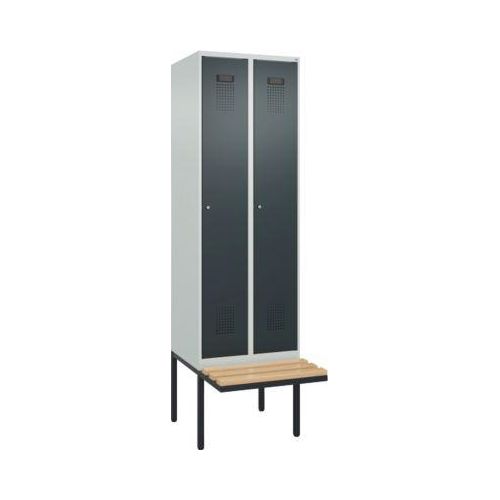 Kleiderspind C+P Evolo Plus, 2 Abteile à 300 mm Breite, schwebende Sitzbank, B 600 x T 815 x H 2120 mm, Zylinder, lichtgrau/anthratizgrau