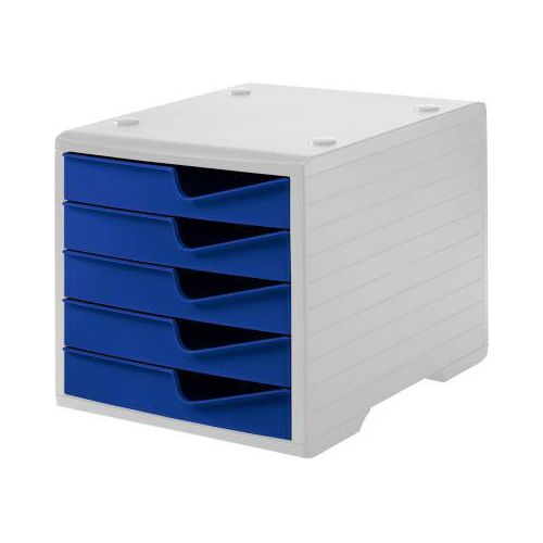 Schubladenbox styro® styroswing, 5 Schübe, Auszugsperre & Griffmulde, stapelbar, B 270 x T 340 x H 255 mm, Polystyrol, grau-blau