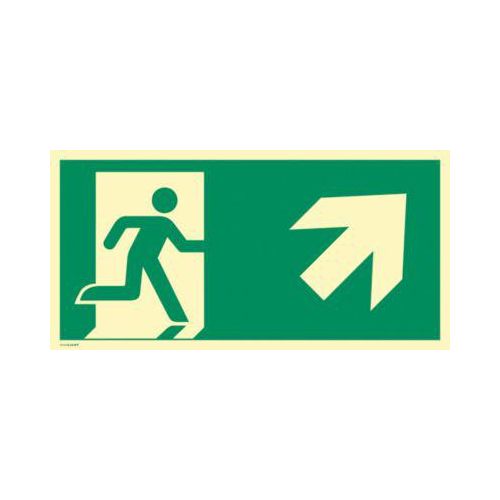 moedel Hinweisschild „Notausgang rechts schräg oben“, EN ISO 7010, Leuchtklasse C, 160 mcd/m², bis 29,7 m, L 297 x B 594 mm, Aluminium, grün
