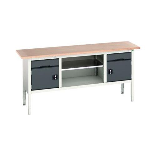 Kastenwerkbank Bott verso, Multiplex-Platte, 2 Schubladen, 2 Türen, 1 Ablageboden, B 2000 x T 600 x H 830 - 930 mm, Lichtgrau / Anthrazitgrau