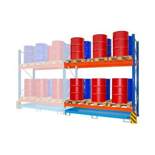 BAUER Umwelt-Anbauregal UR-A 2700-2, Palettenregal, B 2800 x T 1300 x H 3000 mm, für max. 12 x 200-l-Fässer, Auffangwanne 277 l, lichtblau/verkehrsblau/reinorange