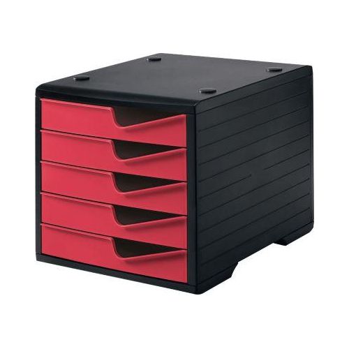 Schubladenbox styro® styroswing, 5 Schübe, Auszugsperre & Griffmulde, stapelbar, B 270 x T 340 x H 255 mm, Polystyrol, schwarz-cranberry