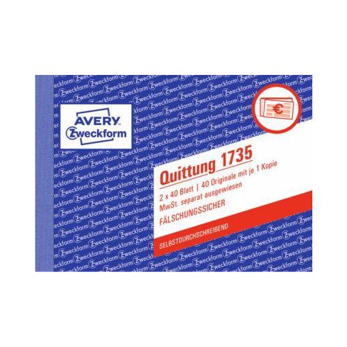 Avery Zweckform Quittungsblock 1735-5, A6 quer, 2 x 40 Blatt, 4er Pack + 1 gratis