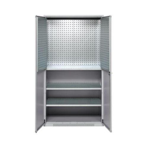 Schäfer Shop Genius Materialschrank FS, 5 OH, abschließbar, Lochrasterwände/3 Fachböden, bis 450 kg, B 1055 x T 520 x H 1950 mm, weißalu/weißalu