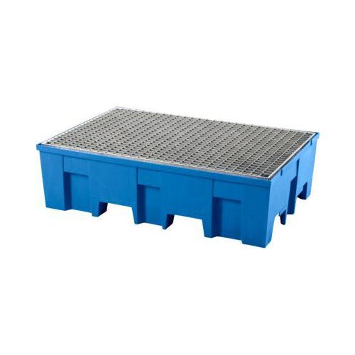 Auffangwanne, für 2 Fässer à 200 l, unterfahrbar, B 865 x T 1245 x H 350 mm, mit verzinktem Gitterrost, Polyethylen, blau