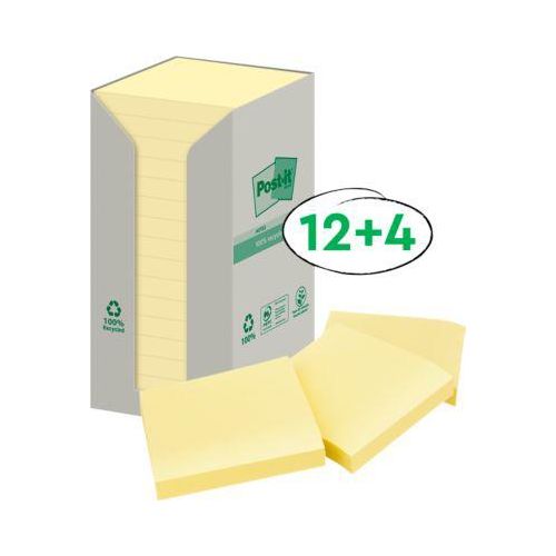 Post-it® Recycling Notes 654-1T, B 76 x H 76 mm, 100 % Recycling-Papier, gelb, 16 Blöcke á 100 Blatt