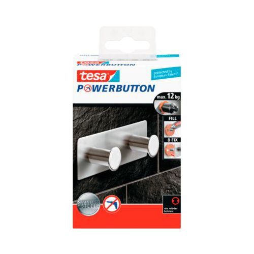 tesa Powerbutton Hakenleiste Classic, Edelstahl, 2 oder 3 Haken, hält bis max. 12 kg, 2 Haken