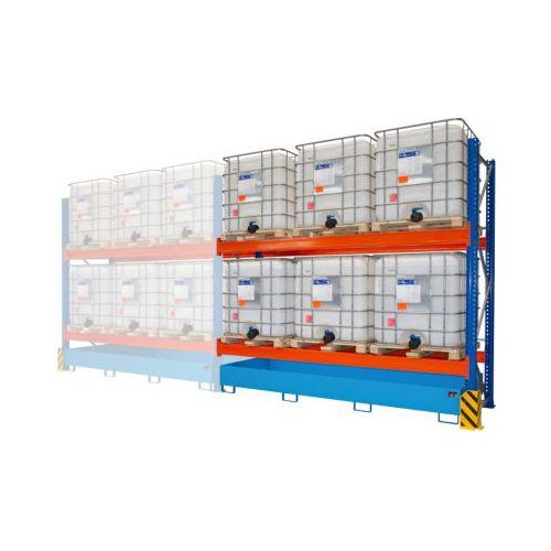 BAUER Umwelt-Anbauregal UR-A 3300-2, Palettenregal, B 3400 x T 1300 x H 3000 mm, für max. 6 IBC, Auffangwanne 1000 l, lichtblau/verkehrsblau/reinorange