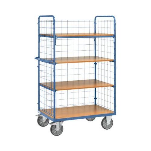 Etagenwagen, 4 Holz-Böden, bis 600 kg, 3 Gitterwände, 1000 x 600 mm, Stahl, blau